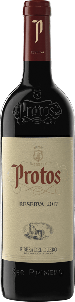 En glasflaska med Bodegas Protos Reserva 2018, ett rött vin från Kastilien-León i Spanien