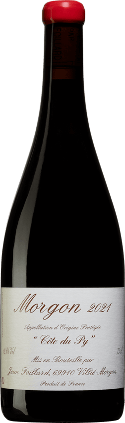 En glasflaska med Jean Foillard Morgon Côte du Py 2022, ett rött vin från Bourgogne i Frankrike