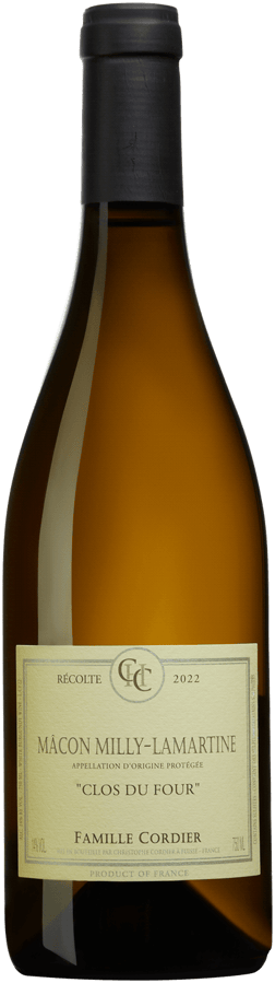 En glasflaska med Domaine Cordier Mâcon-Milly-Lamartine Clos du Four 2022, ett vitt vin från Bourgogne i Frankrike