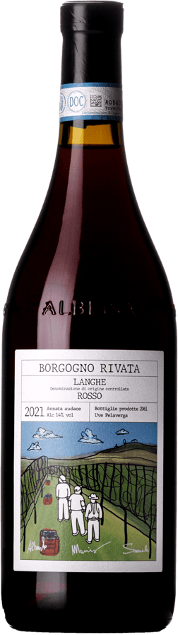 En glasflaska med Borgogno Rivata Langhe Rosso Da Uve Pelaverga2021, ett rött vin från Piemonte i Italien