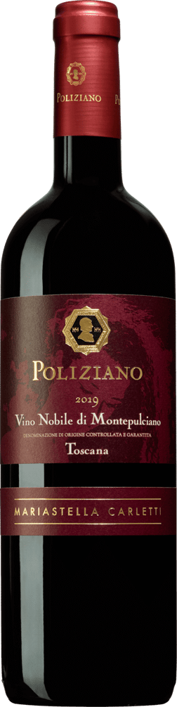 En glasflaska med Poliziano Vino Nobile di Montepulciano Maria Stella 2021, ett rött vin från Toscana i Italien