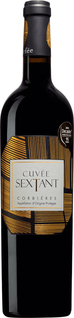 En glasflaska med Les Celliers d'Orfée Cuvee Sextant 2021, ett rött vin från Languedoc-Roussillon i Frankrike