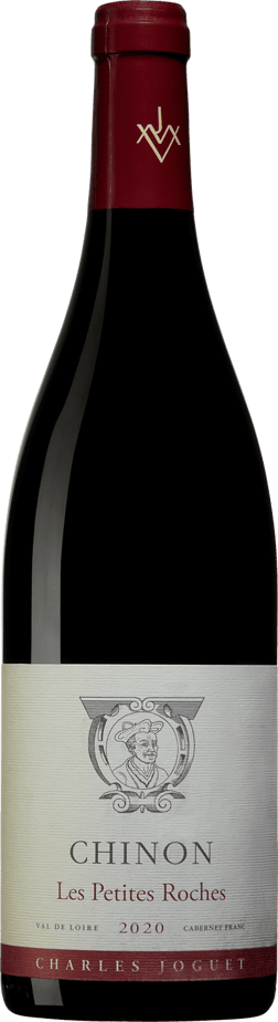 En glasflaska med Charles Joguet Chinon Les Petites Roches 2021, ett rött vin från Loiredalen i Frankrike