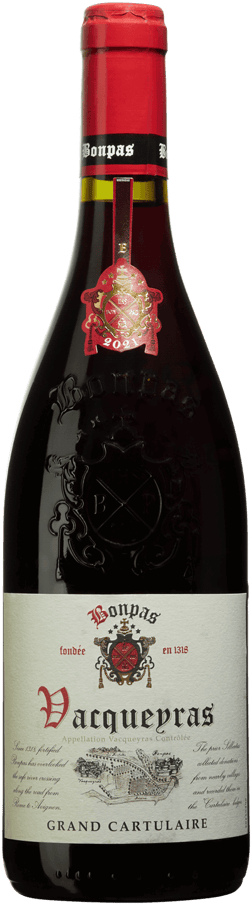 En glasflaska med Bonpas Vacqueyras Le Grand Cartulaire 2021, ett rött vin från Rhonedalen i Frankrike