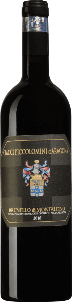 En glasflaska med Ciacci Piccolomini Brunello di Montalcino 2019, ett rött vin från Toscana i Italien