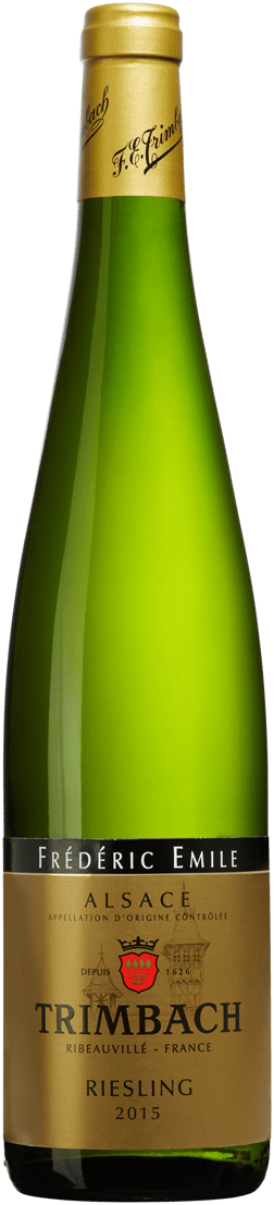 En glasflaska med Trimbach Riesling Cuvée Frédéric Emile 2015, ett vitt vin från Alsace i Frankrike