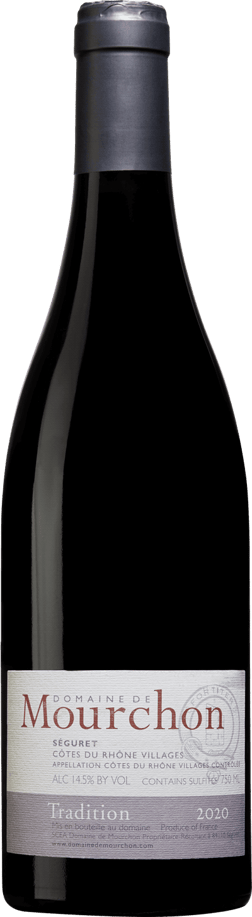 En glasflaska med Domaine de Mourchon Tradition 2021, ett rött vin från Rhonedalen i Frankrike