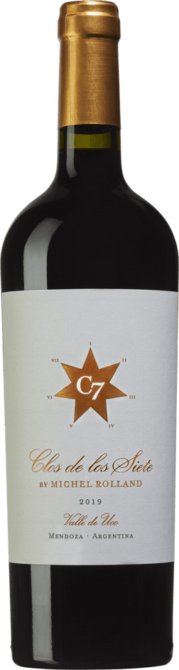 En glasflaska med Clos de los Siete 2020, ett rött vin från Cuyo i Argentina