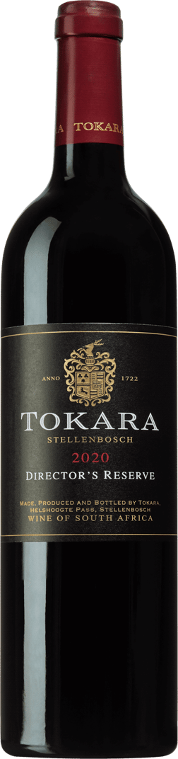 En glasflaska med Tokara Director's Reserve 2021, ett rött vin från Western Cape i Sydafrika
