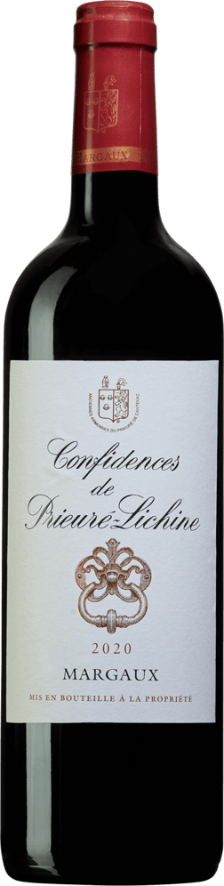 En glasflaska med Confidences de Prieuré-Lichine 2021, ett rött vin från Bordeaux i Frankrike