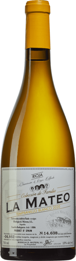 En glasflaska med La Mateo 2021, ett vitt vin från Rioja i Spanien