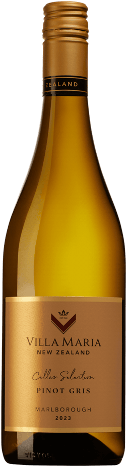 En glasflaska med Villa Maria Cellar Selection Pinot Gris 2023, ett vitt vin från Marlborough i Nya Zeeland