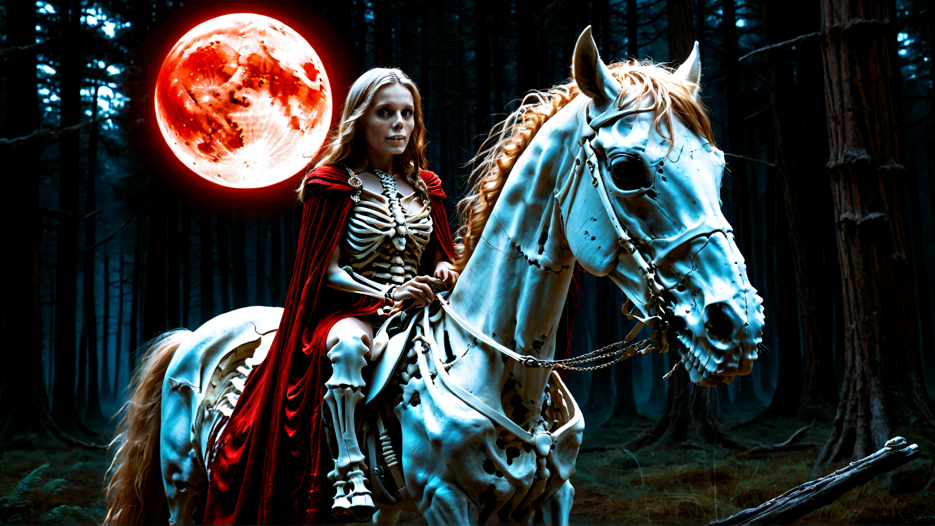 AI generated wallpaper featuring skeleton, horse, woman, forest, moon