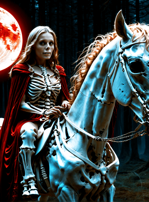 skeleton, horse, woman, forest, moon