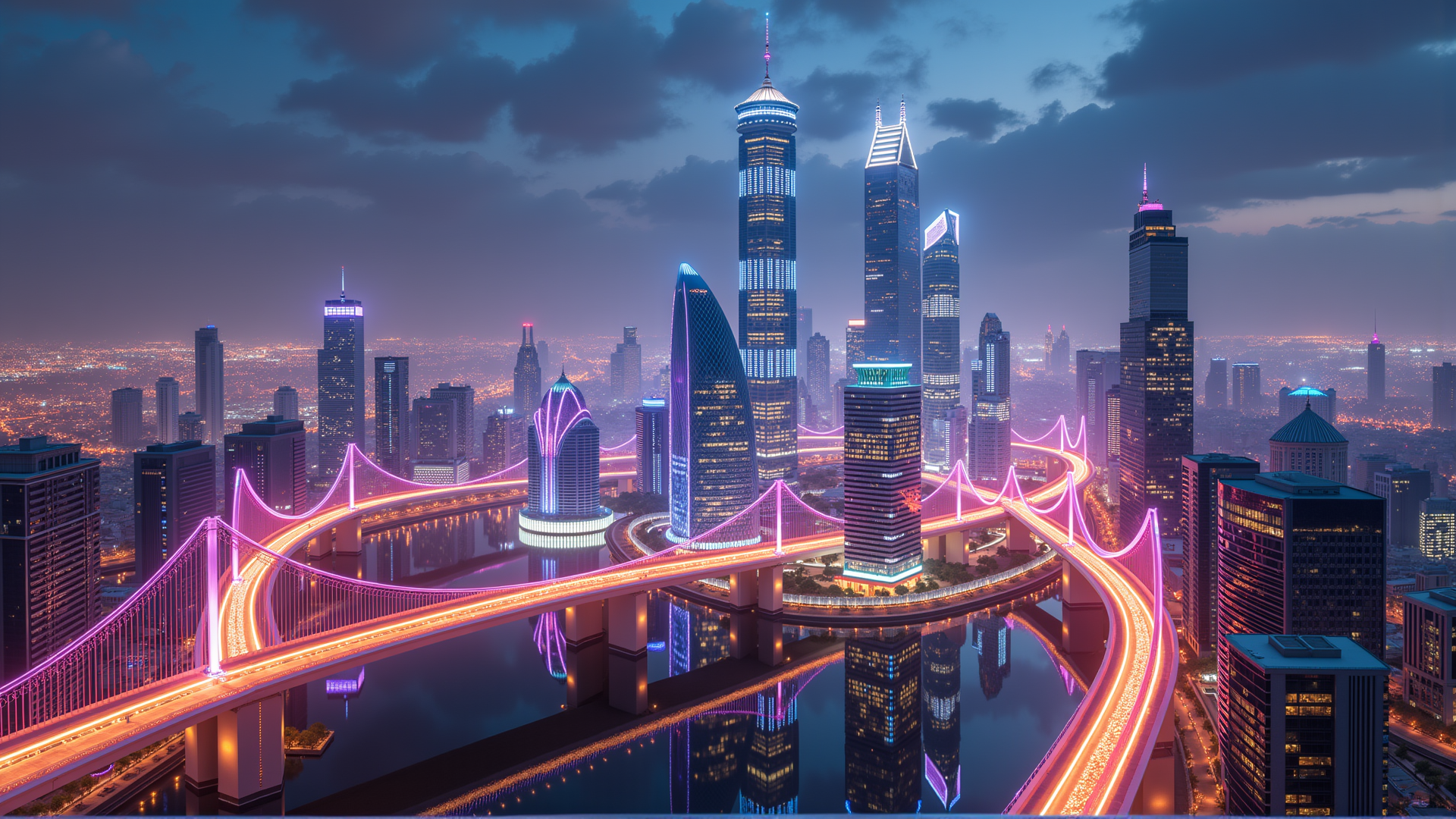 AI generated wallpaper featuring city, skyscrapers, bridges, water, buildings, urban, landscapes, architecture, lights, night