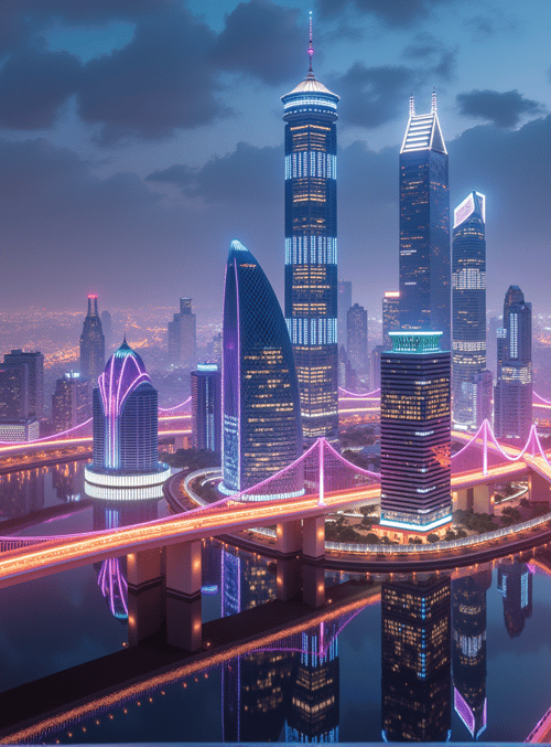 city, skyscrapers, bridges, water, buildings, urban, landscapes, architecture, lights, night