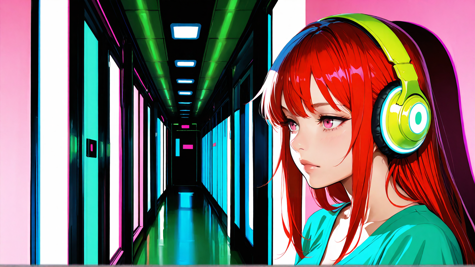 AI generated wallpaper featuring girl, headphones, corridor, neon, anime