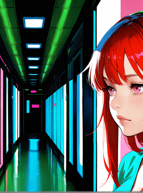 girl, headphones, corridor, neon, anime
