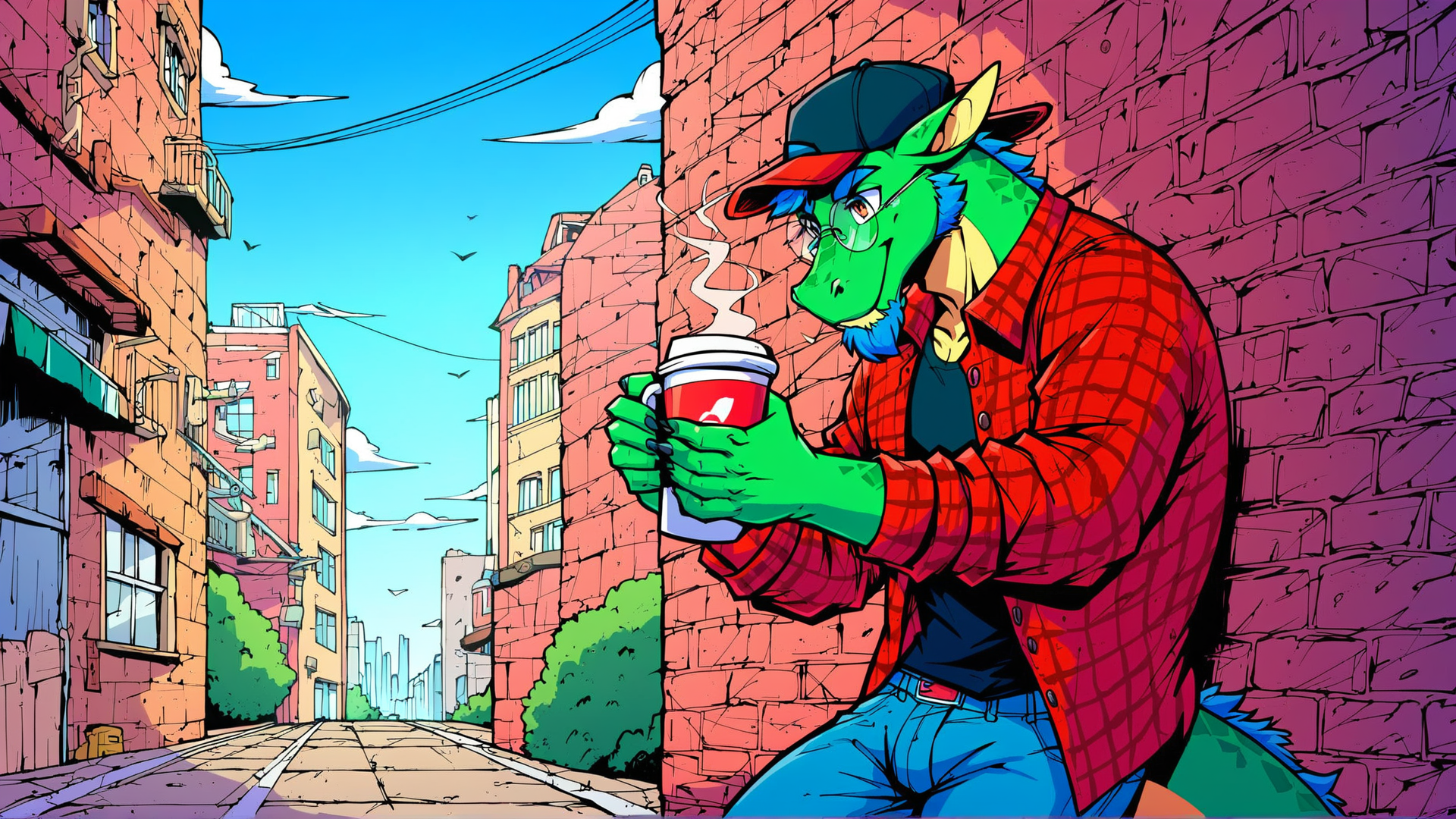 AI generated wallpaper featuring dragon, man, coffee, street, building, cap, plaid, glasses, giraffe, city