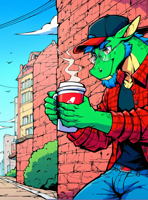 dragon, man, coffee, street, building, cap, plaid, glasses, giraffe, city