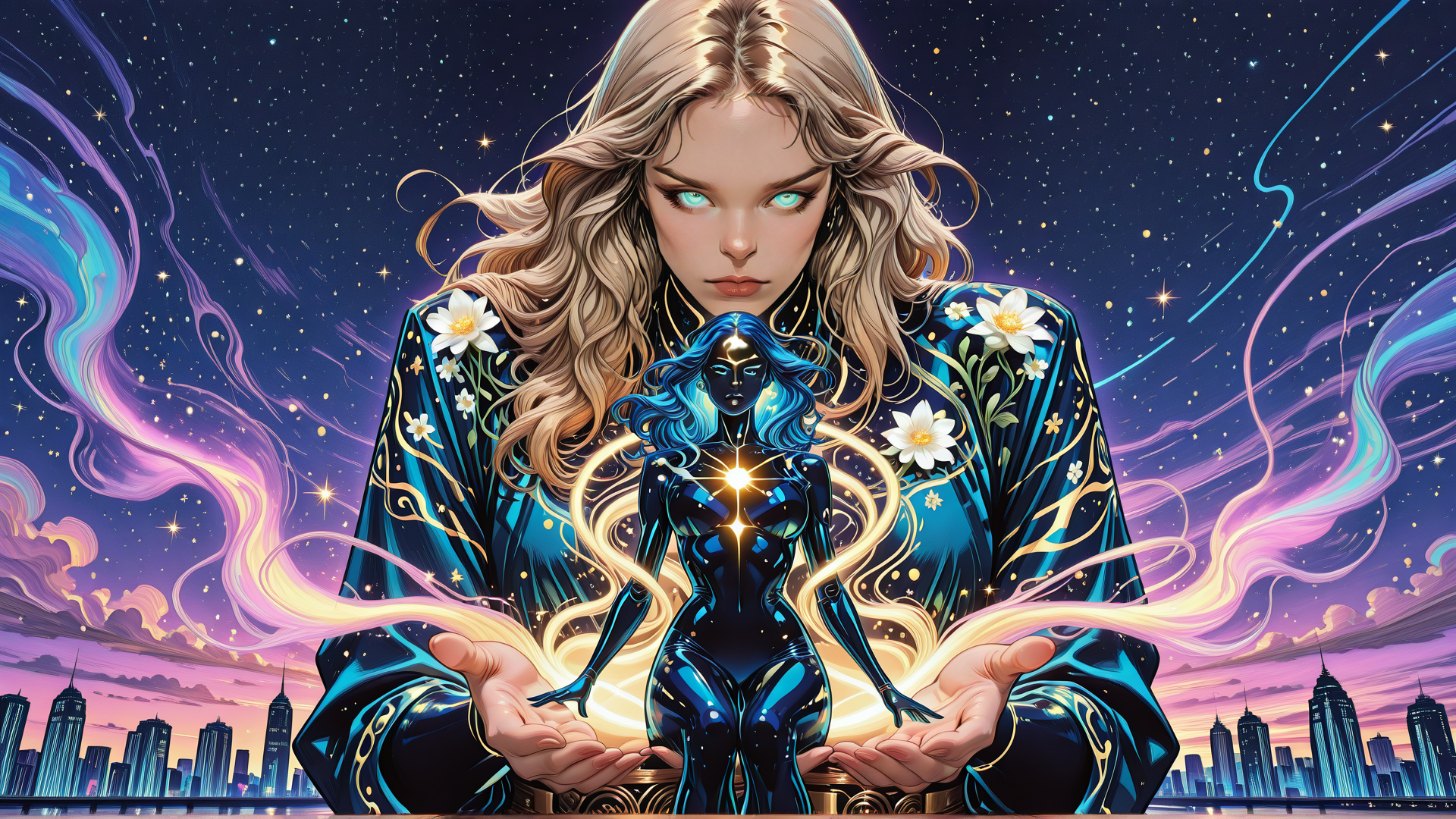 AI generated wallpaper featuring woman, figure, cityscape, flowers, stars