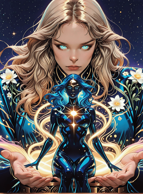 woman, figure, cityscape, flowers, stars