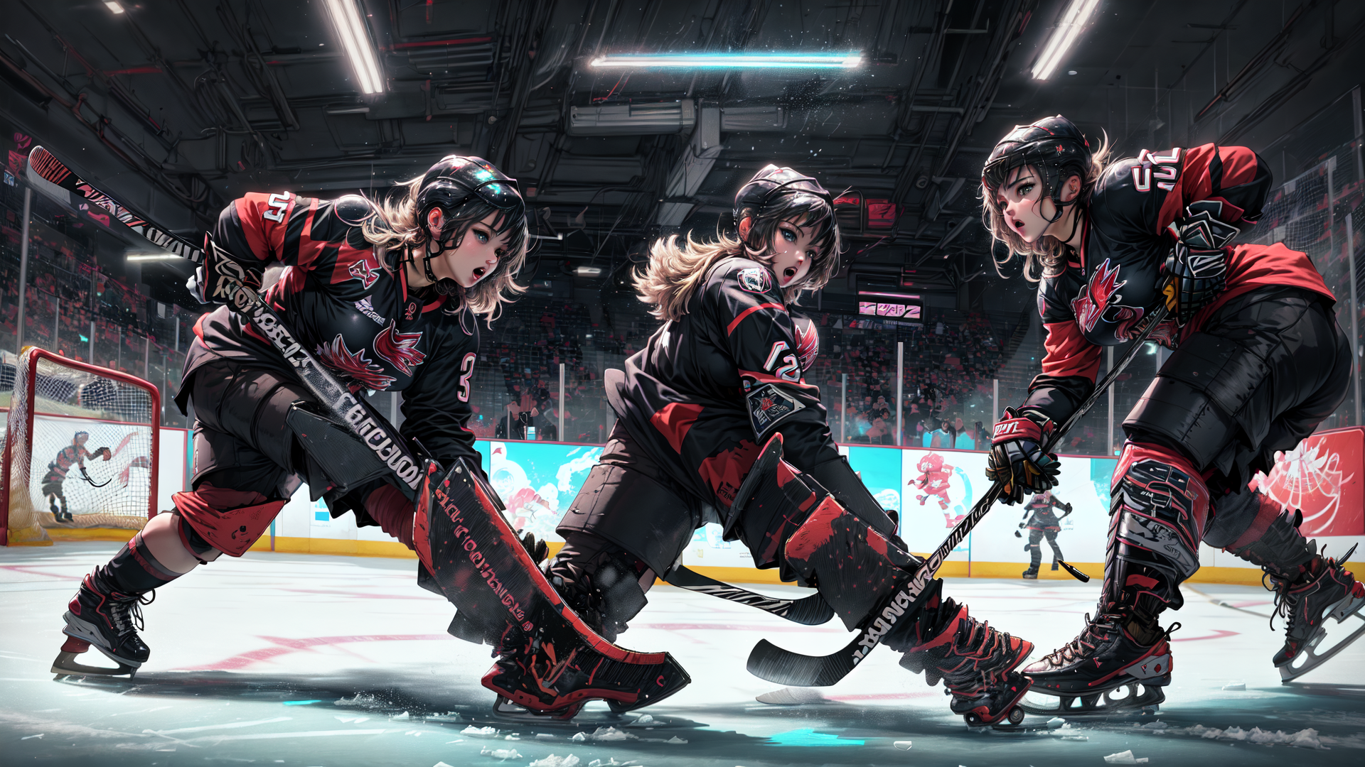 AI generated wallpaper featuring hockey players, ice rink, hockey stick, helmet, uniform, goalie, sledding, crowd, ice, skates