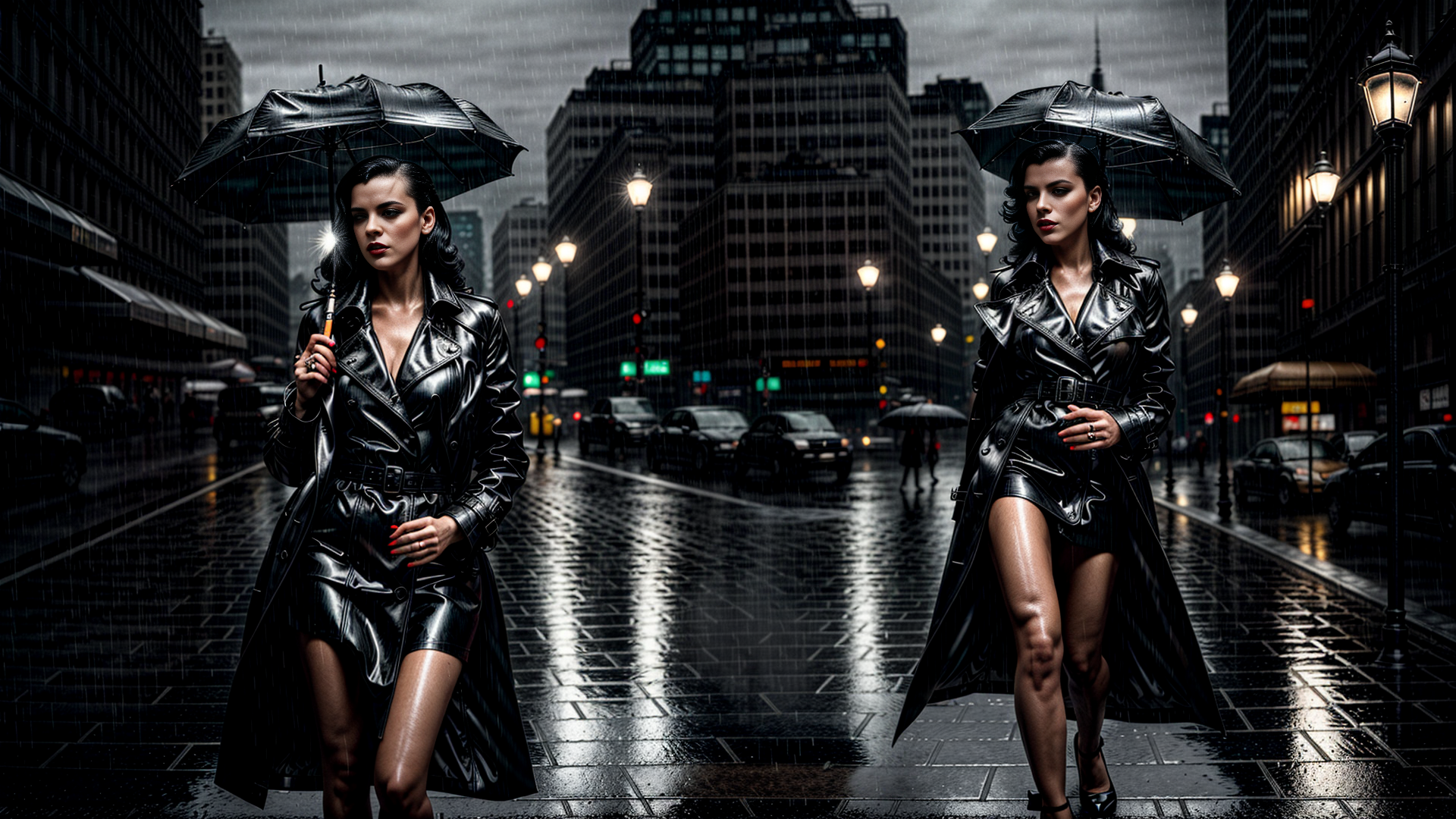 AI generated wallpaper featuring women, umbrella, city