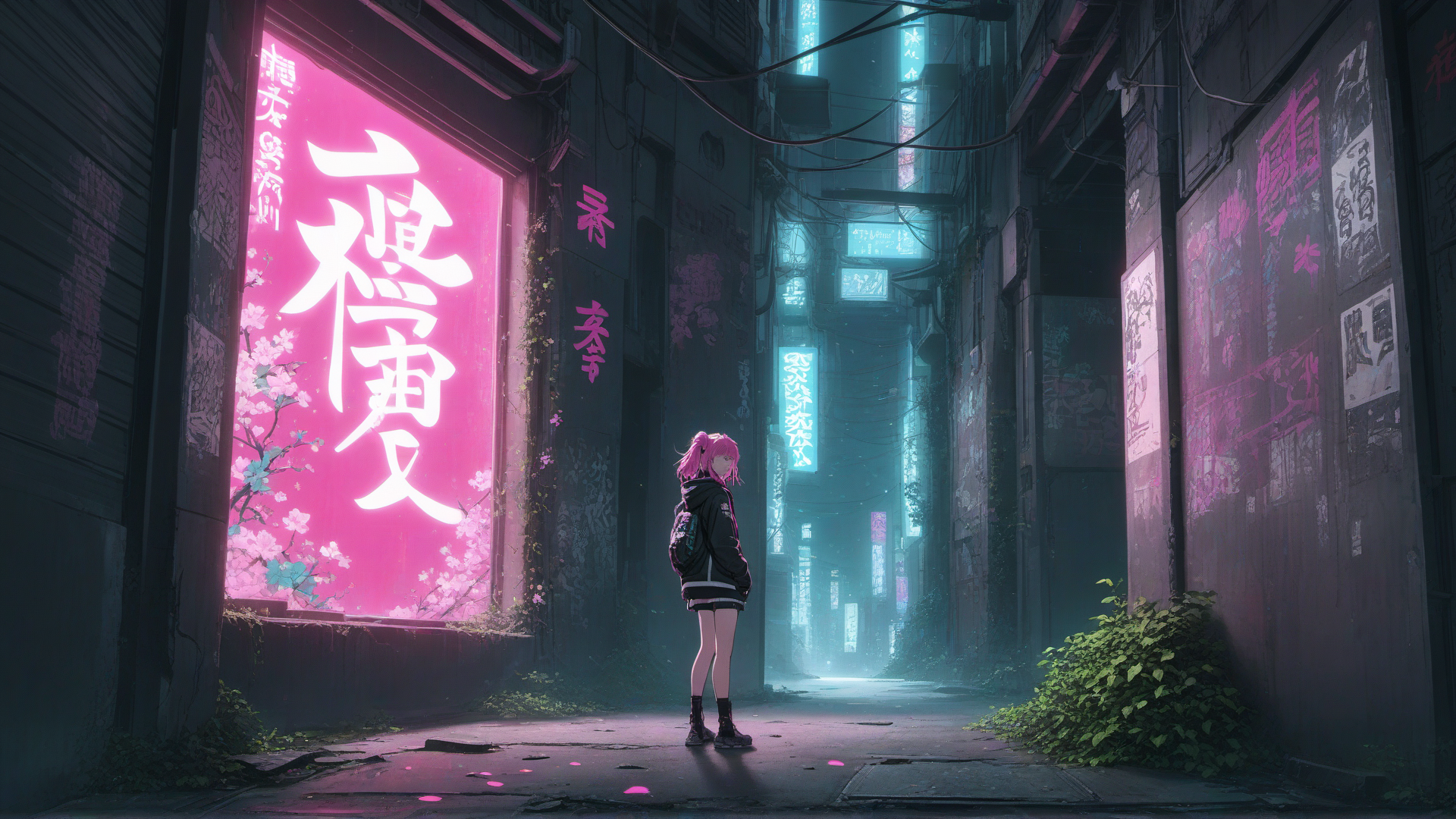 AI generated wallpaper featuring girl, alley, sign