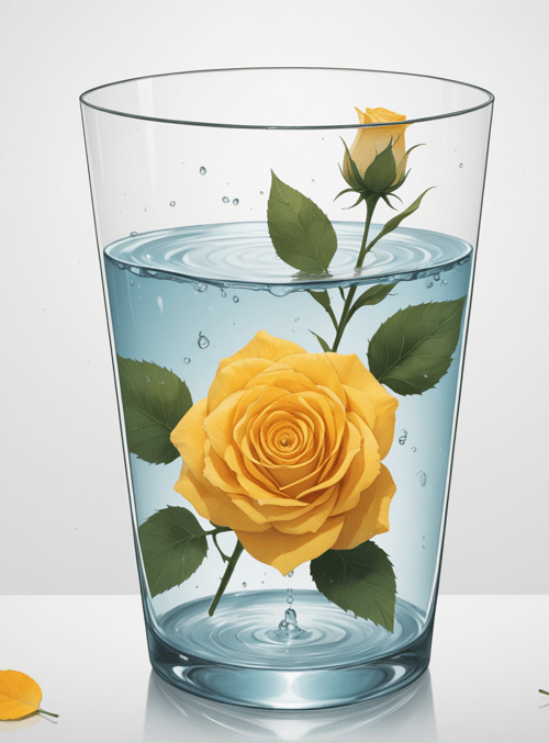 glass, rose, water, leaves, bubbles