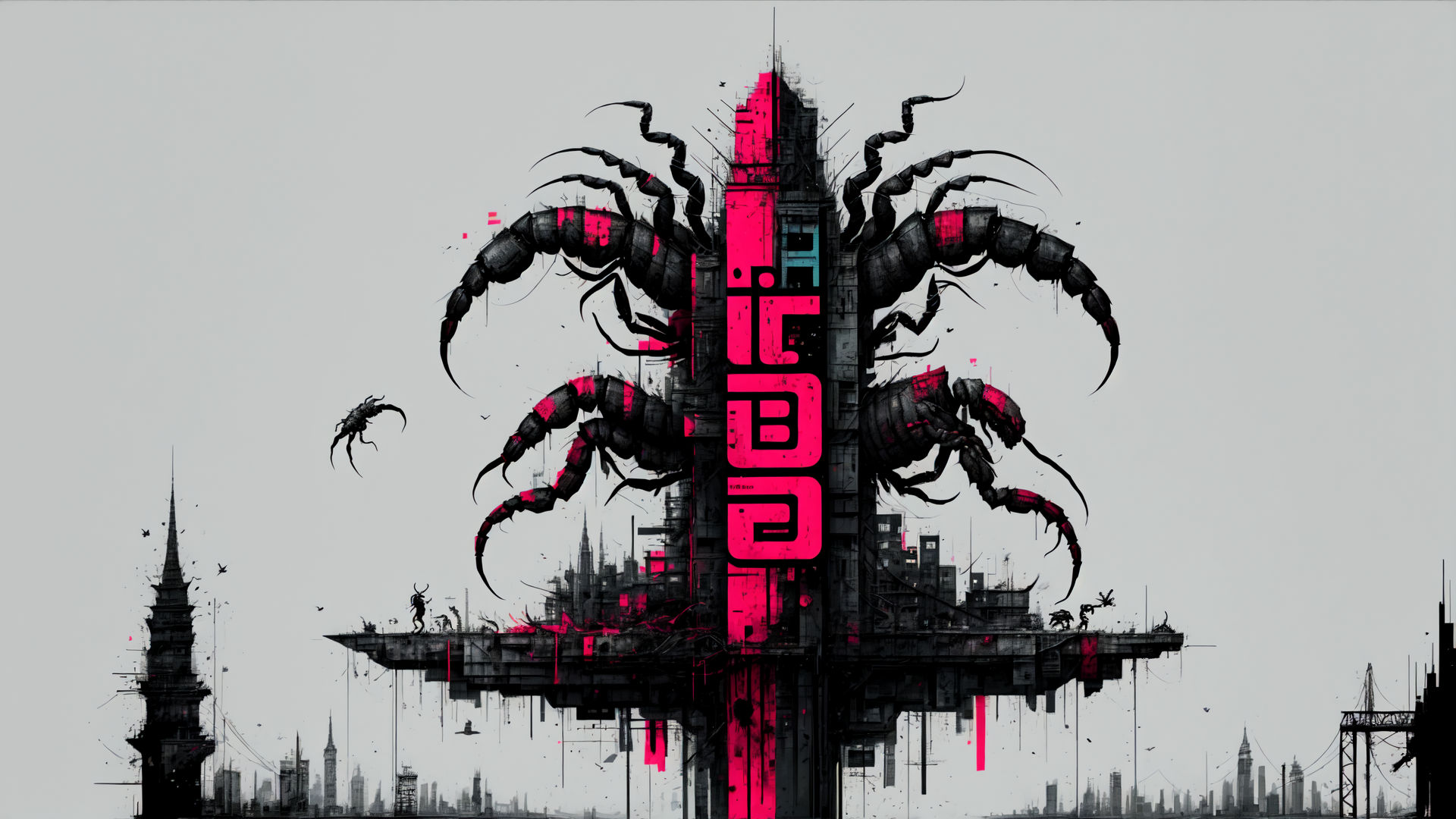AI generated wallpaper featuring scorpion, cityscape, tower, building, monument, structure, creature, mechanical, insect, urban