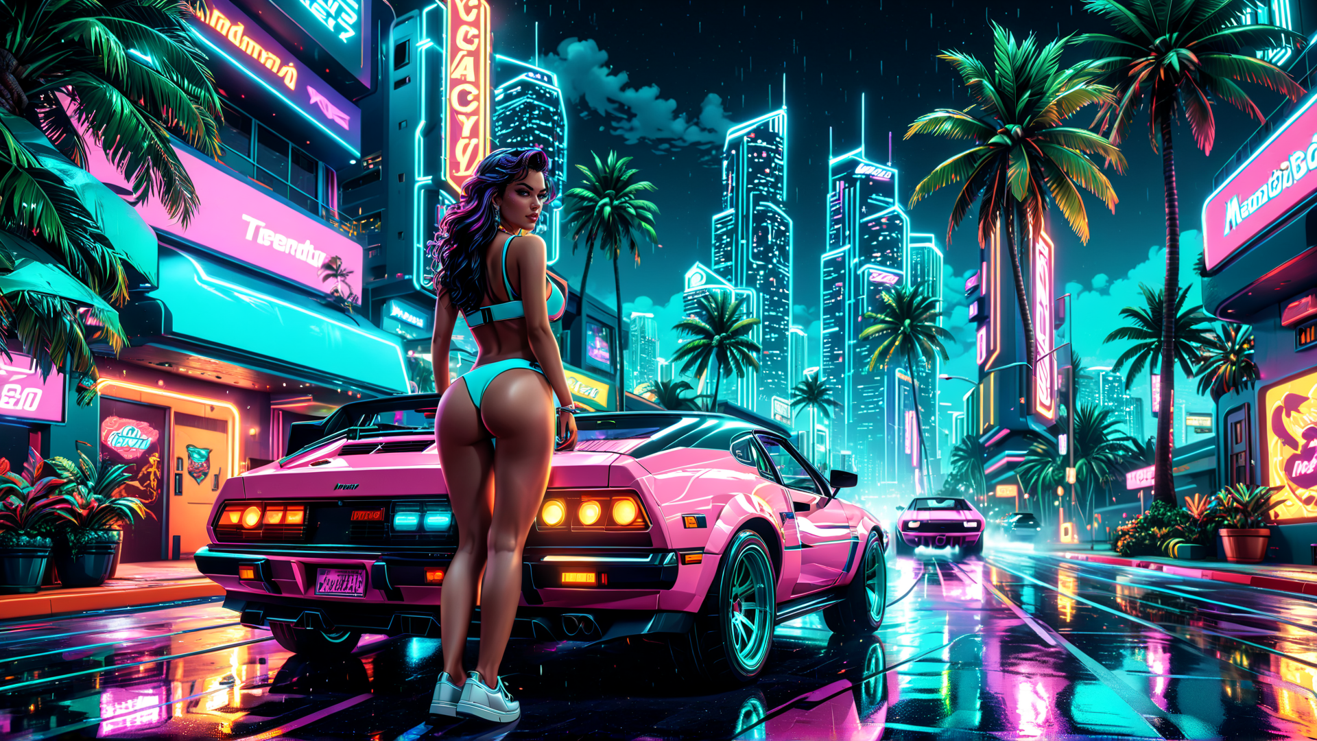 AI generated wallpaper featuring woman, car, city