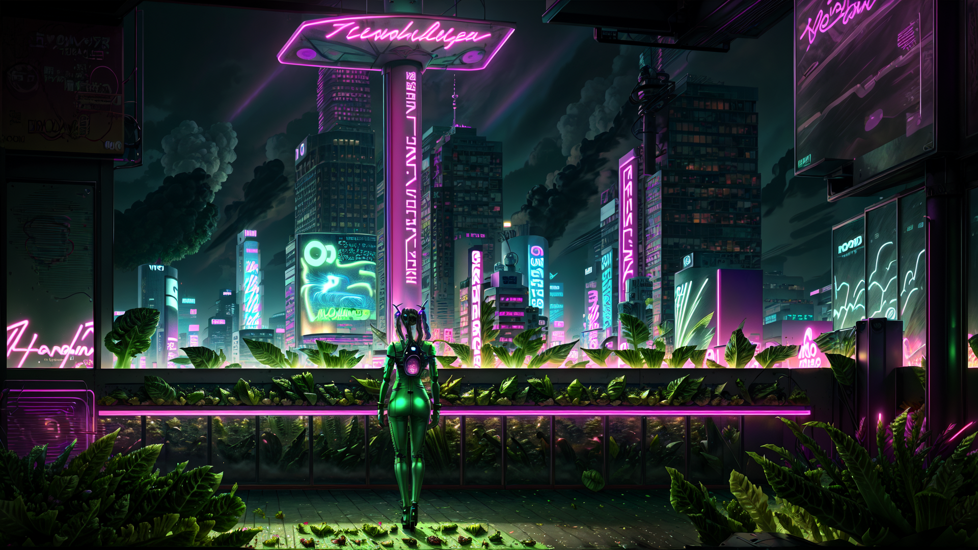 AI generated wallpaper featuring robot, cityscape, neon signs, plants, skyscrapers, window, glowing, urban, futuristic, nature