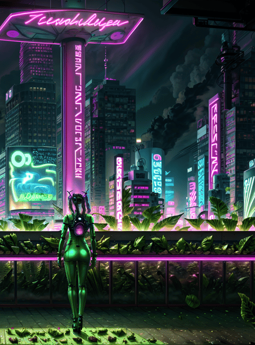 robot, cityscape, neon signs, plants, skyscrapers, window, glowing, urban, futuristic, nature