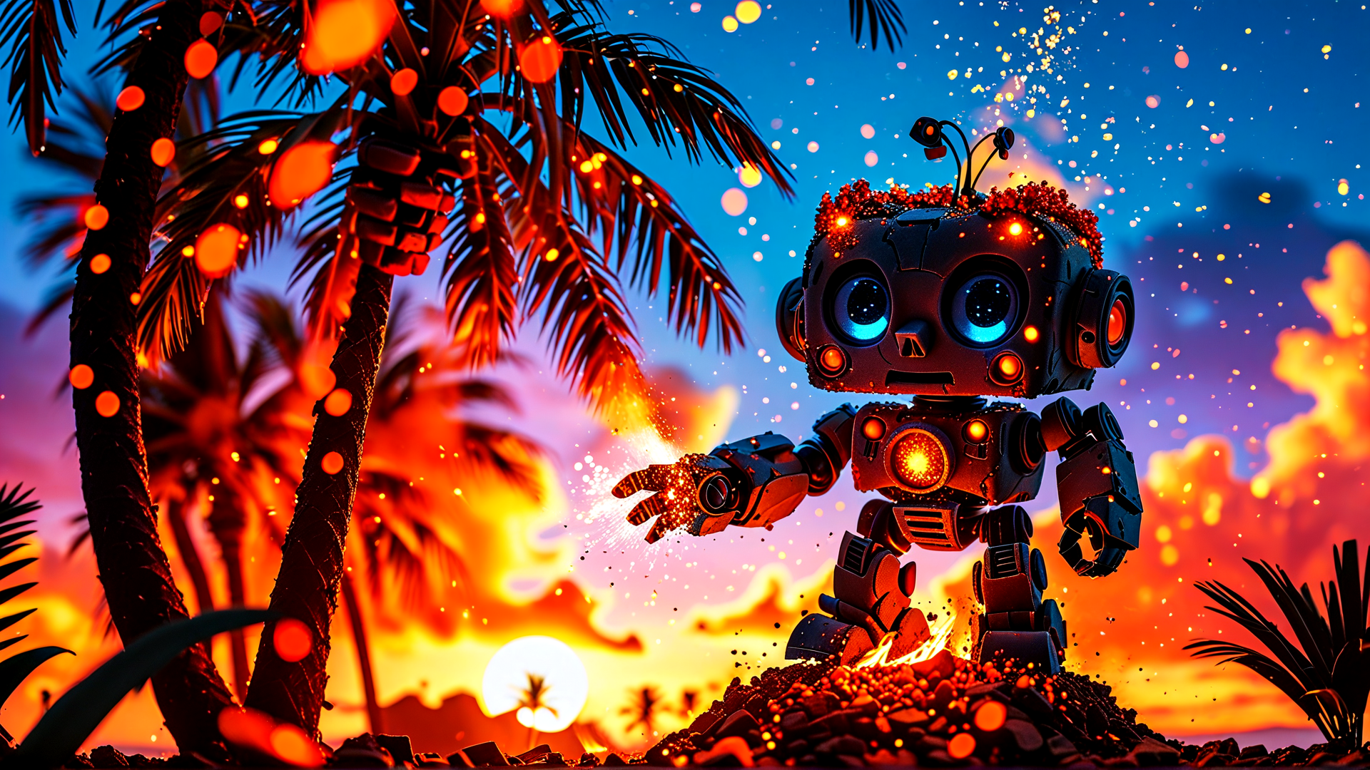AI generated wallpaper featuring robot, palm tree, sunset, sparkles, fire