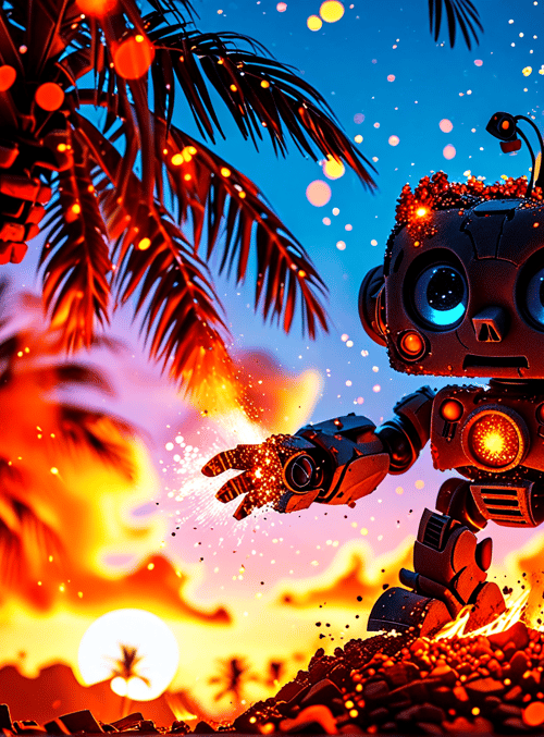 robot, palm tree, sunset, sparkles, fire