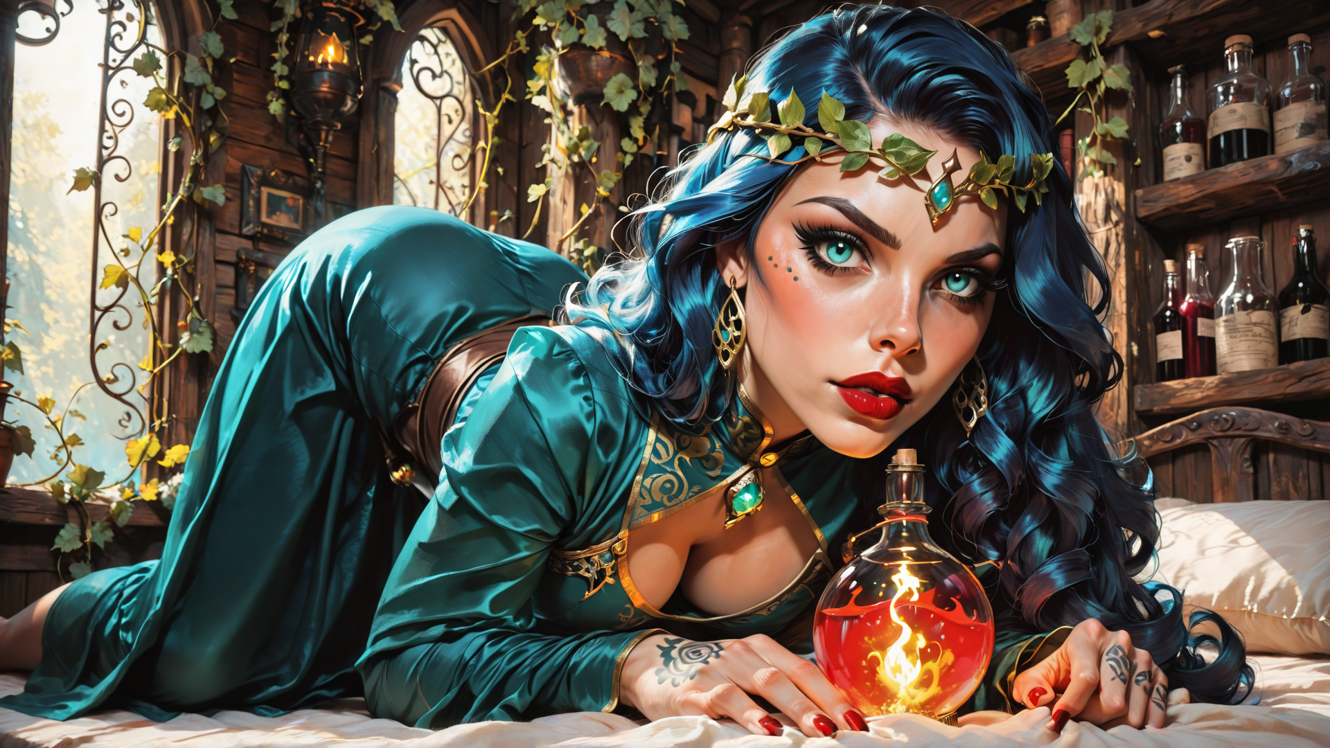 AI generated wallpaper featuring woman, alchemist, vial, bedroom, vine, bottle