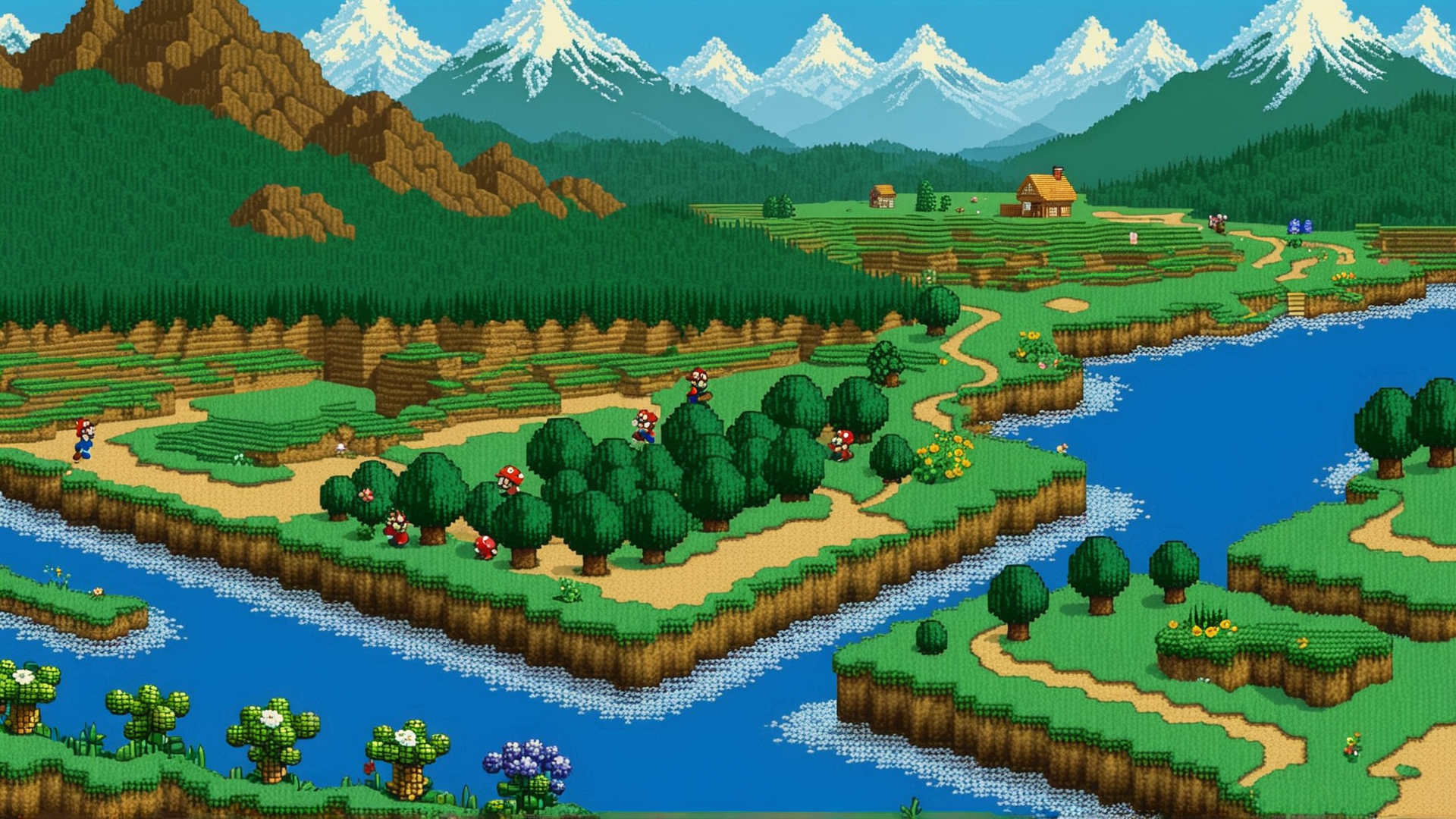 AI generated wallpaper featuring mario, trees, mountains
