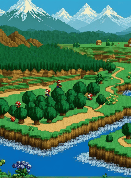 mario, trees, mountains