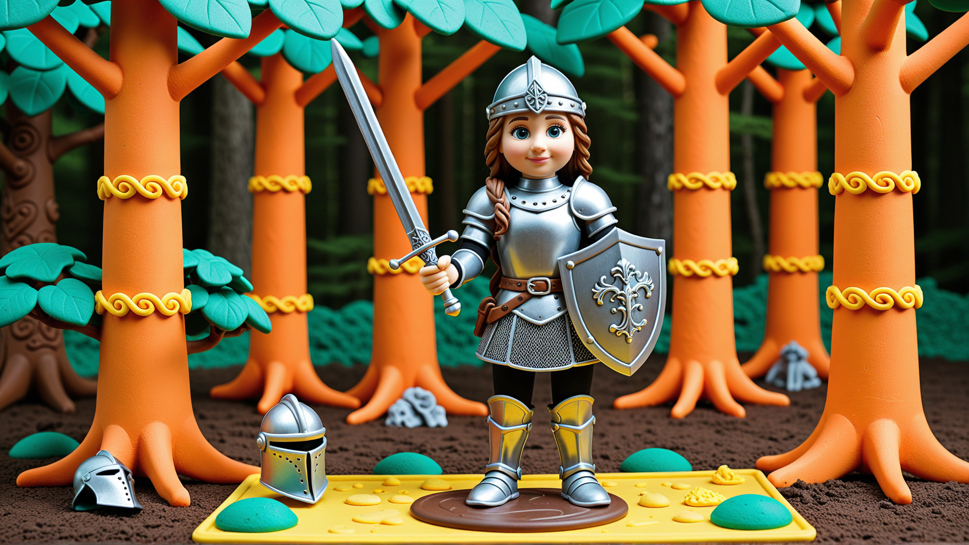AI generated wallpaper featuring knight, sword, shield, trees, armor, helmet, forest, cake, braid, shields