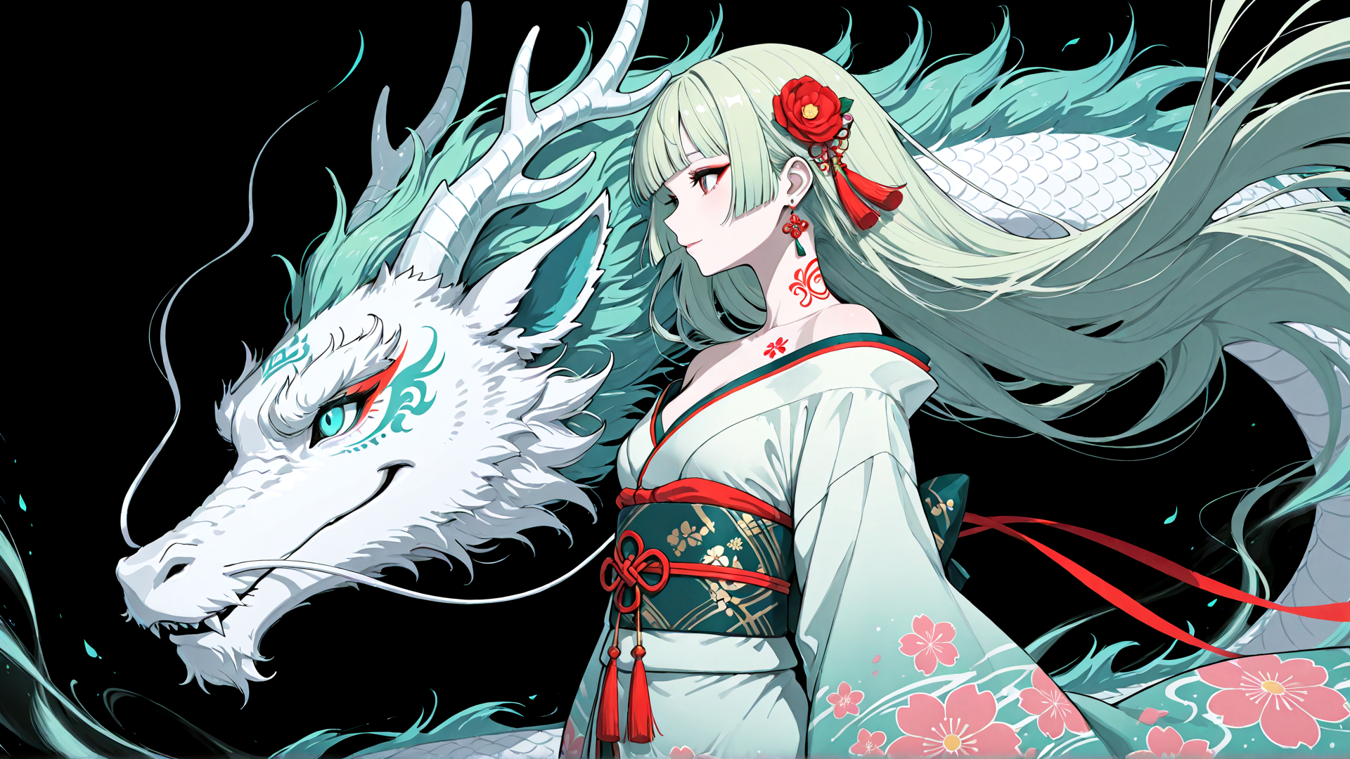 AI generated wallpaper featuring girl, dragon, koi, sakura