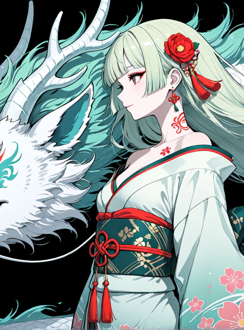 girl, dragon, koi, sakura