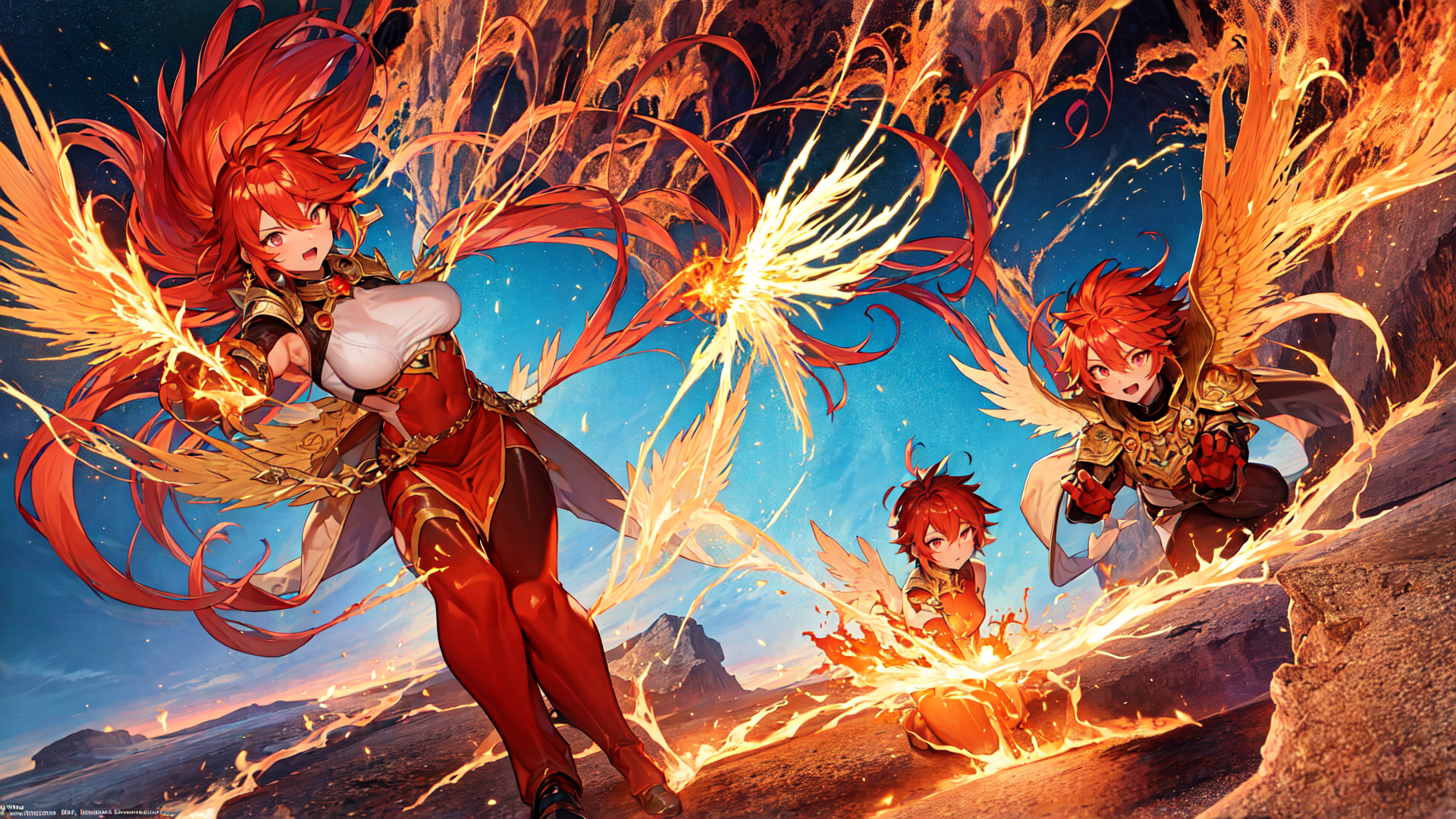 AI generated wallpaper featuring characters, wings, fire
