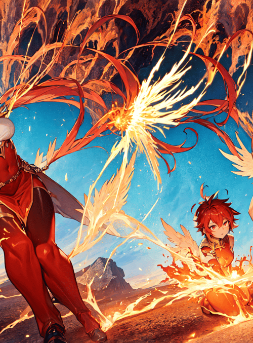 characters, wings, fire
