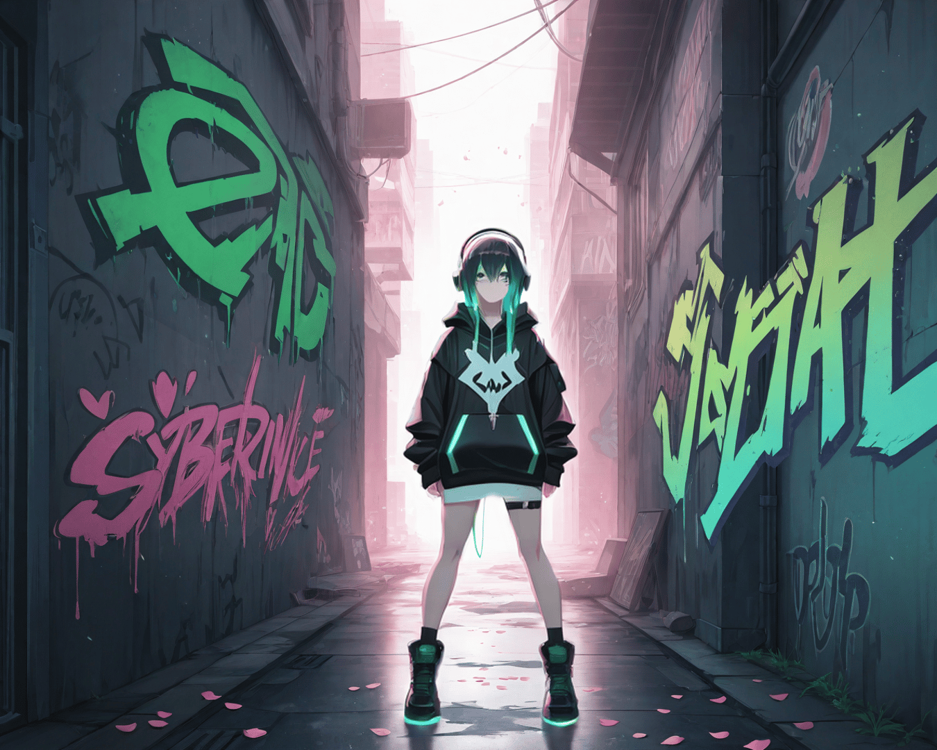 AI generated wallpaper featuring girl, graffiti, alleyway
