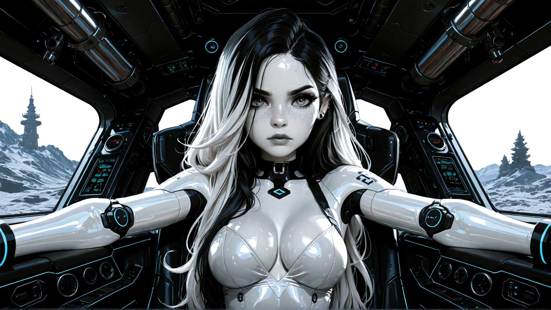 AI generated wallpaper featuring woman, robot, cockpit, futuristic, vehicle, steampunk, mechanical, cyberpunk, spaceship, cabin