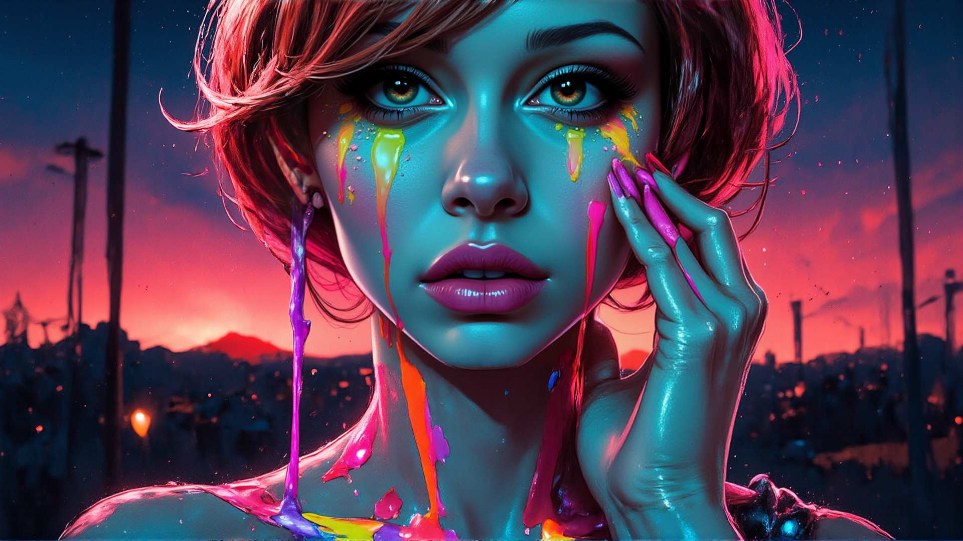 AI generated wallpaper featuring woman, paint, cityscape