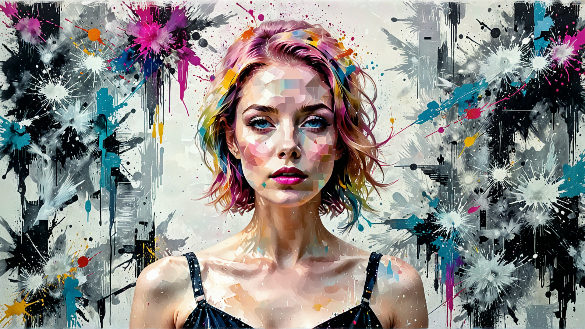 AI generated wallpaper featuring woman, portrait, art, painting, splash, splatter