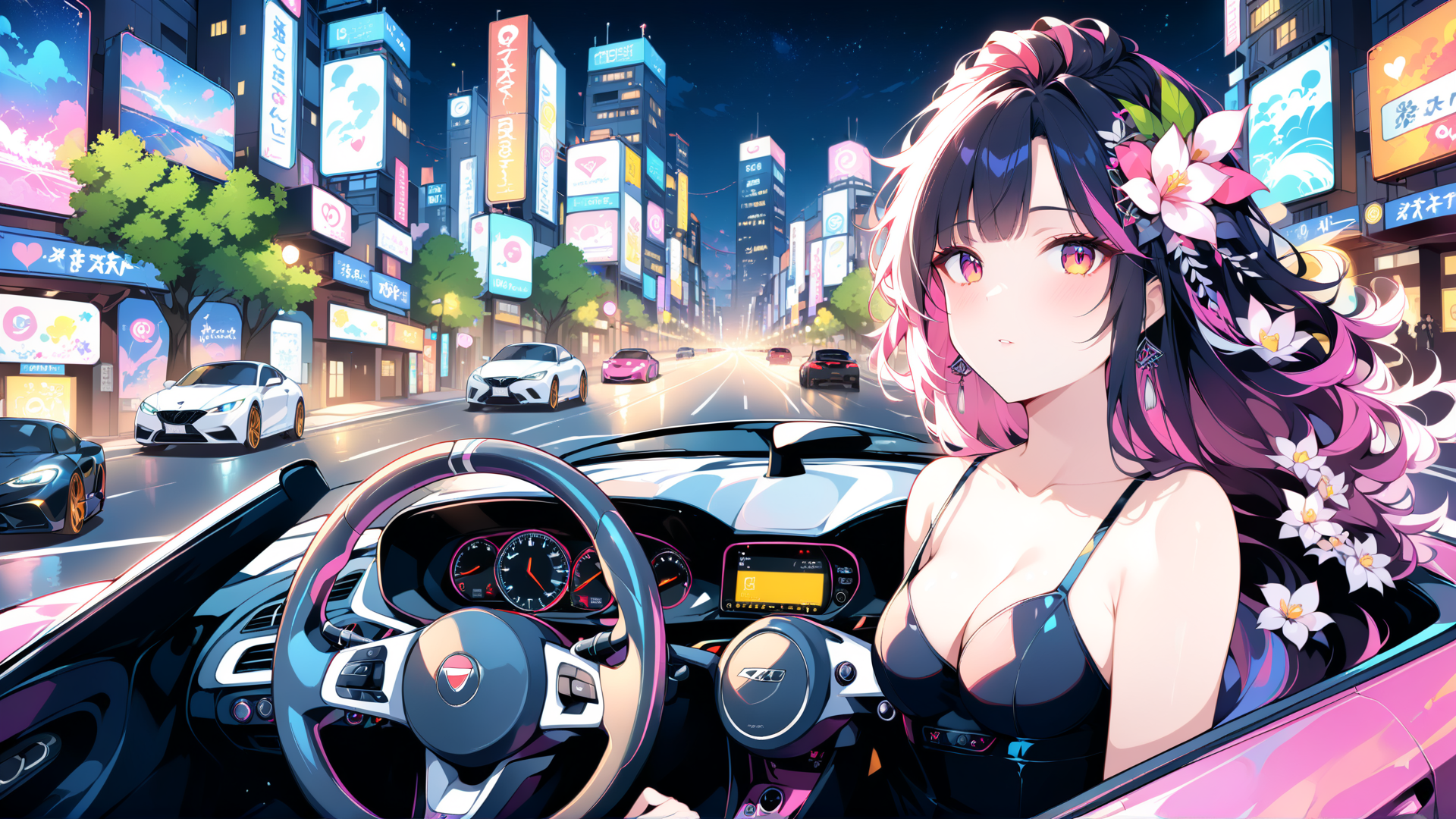 AI generated wallpaper featuring woman, car, city
