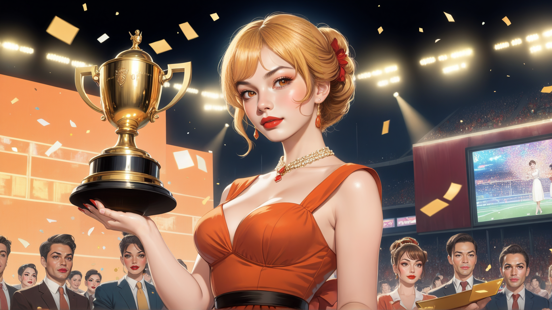 AI generated wallpaper featuring woman, trophy, stadium